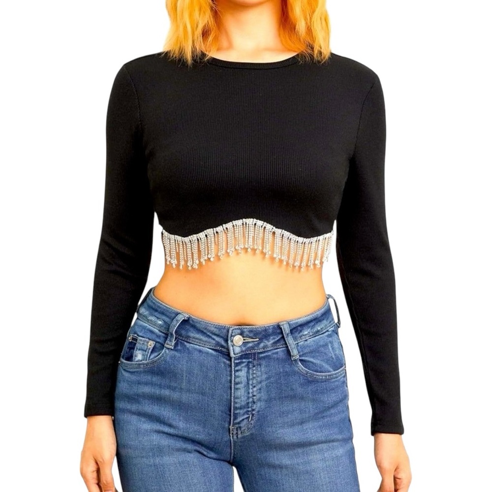 NWT🌺Free Haven•Rhinestone Tassel Ribbed Crop Top